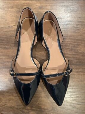 Paolo Navy Blue Patent Pointed-Toe Flats with Buckle Strap